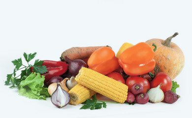 sweet pepper,eggplant,tomato and corn.isolated on a white backgr