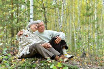 Naklejka na ściany i meble Portrait of old couple at park on autumn background