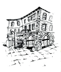 Rural landscape with old farm house and garden. Hand drawn illustration. design