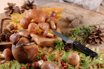 Mushroom Boletus over Wooden Background. Autumn Mushrooms. Boletus edulis over Wooden Background, close up on wood rustic table. Cooking delicious organic mushroom.