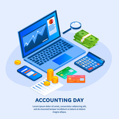 Accounting day concept background. Isometric illustration of accounting day vector concept background for web design