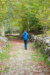 Fototapeta premium Boy walking on a cobbled paving path