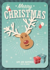 Merry Christmas card with reindeer and gift boxes on winter background