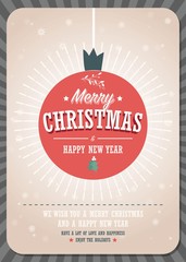 Merry Christmas card on a decorative christmas ball on winter background