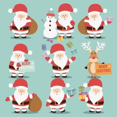 Collection of cute Santa Claus characters with reindeer, snowman and gifts