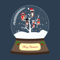 Christmas snow globe with owls on the tree illustration
