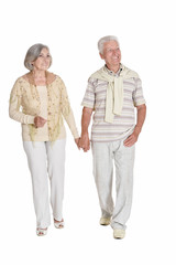 Portrait of senior couple holding hands on white background