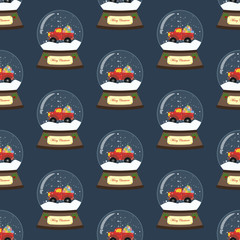 Christmas snow globe with red truck seamless pattern