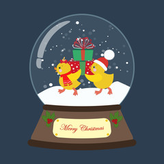 Christmas snow globe with chicken vector illustration