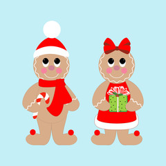 Gingerbread man with christmas gift vector illustration