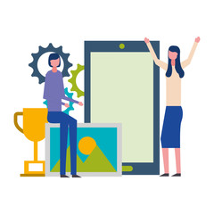 business women smartphone trophy success