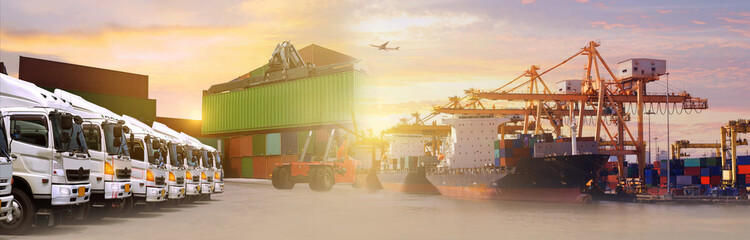Multiple exposures of business shipping, logistics, industry background overall.