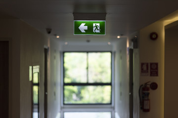 Green exit light in the building