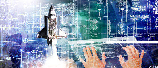 industrial construction and engineering technologes designing spaceship.elements of this image furnished by NASA