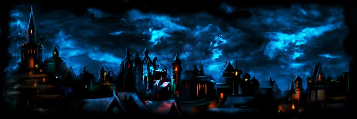 Foto auf Leinwand Banner der mittelalterlichen Nachtstadt / Illustration eine Fantasiestadt-Nachtlandschaft mit Lichtern, Himmel mit Wolken im Hintergrund © mikesilent