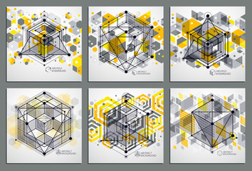 Trendy geometric vector patterns set, textured abstract cube mesh yellow background. Technical plan, abstract engineering draft for use in graphic and web design.