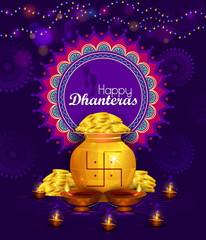 Obraz premium Happy Dhanteras Diwali light festival of India greeting background