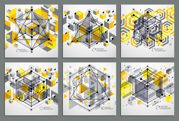 Vector minimalistic geometric abstract 3D yellow compositions set in futuristic style. Modern geometric composition can be used as template and layout.