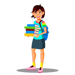 Smiling Asian Girl Student Holding Books In Hand Vector. Isolated Illustration