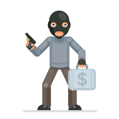 Armed robbery stole money suitcase evil greedily thief cartoon rogue bulgar character flat design isolated vector illustration