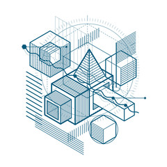 Isometric linear abstract vector background, lined abstraction. Cubes, hexagons, squares, rectangles and different abstract elements.