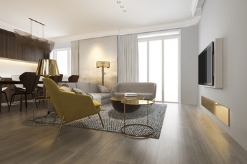 3d rendering modern dining room and living room with luxury decor