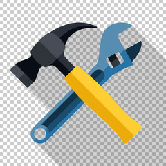 Hammer and wrench icon with long shadow on white background