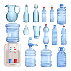 Water in plastic and glass bottles. Vector isolated objects set. Pure mineral water illustration