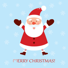 Cheerful and cute Santa Claus with arms raised. Cartoon character. Christmas card