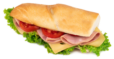 Fresh baguette sandwich with ham, cheese, tomatoes, and lettuce isolated on white background