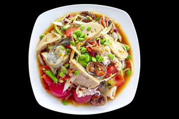 Papaya Salad with Fresh Shrimp, Pork Stew, Squid or Call Som Tum in Thai Language