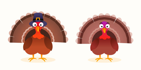 Thanksgiving vector isolated cartoon turkey with pilgrim hat. 