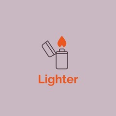 Old school lighter logo. Vector illustration. Lighter outline icon with fire. Lighter fire flame simple line 