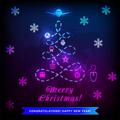 Neon Logistics Xmas. Christmas tree, path and different transportation on dark background. New Year card. Path from point a to point b.