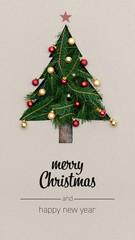 Merry Christmas and happy new year greetings in vertical top view cardboard with natural eco decorated christmas tree pine.Xmas winter holiday season portrait social media card background 