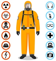 Industry concept. Detailed illustration of worker in orange protective suit. Safety and health vector icons. Set of signs: chemical, radioactive, dangerous, toxic, poisonous, hazardous substances.