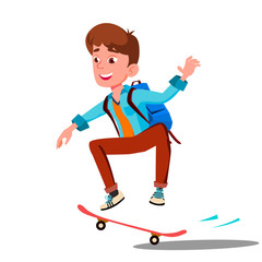 Schoolboy Skateboarding With Backpack On His Back Vector. Isolated Illustration
