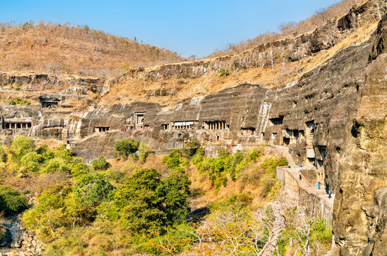 Panorama of the Ajanta Caves. UNESCO world heritage site in Maharashtra, India