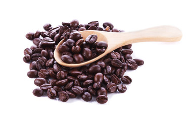 Coffee bean in spoon on white background