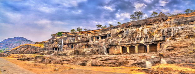 Panorama of Ellora caves 20-24. UNESCO world heritage site in Maharashtra, India