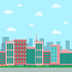 vector flat cartoon city building scene with skyscraper architecture illustration