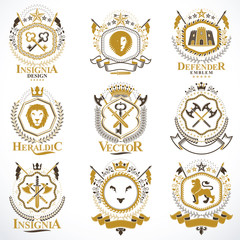 Vintage decorative heraldic vector emblems composed with elements like eagle wings, religious crosses, armory and medieval castles, animals. Collection of classy symbolic illustrations.