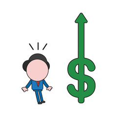 Vector illustration of businessman character surprised at dollar symbol arrow moving up. Color and black outlines.