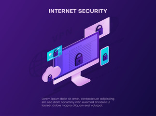 Internet security. Landing page template with isometric devices.