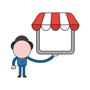 Vector illustration of businessman character holding shop store. Color and black outlines.