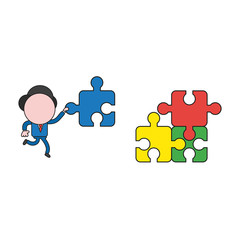 Vector illustration of businessman character running and carrying missing jigsaw puzzle piece. Color and black outlines.