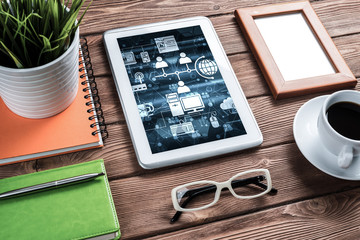 Business still life concept with office stuff on wooden table