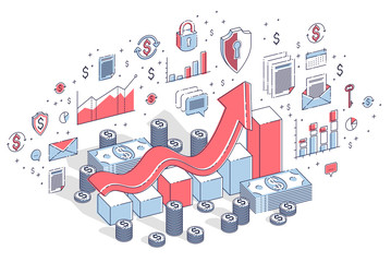 Success and income increase concept, growth chart stats bar with cash money stack isolated on white. Vector 3d isometric business illustration with icons, stats charts and design elements.