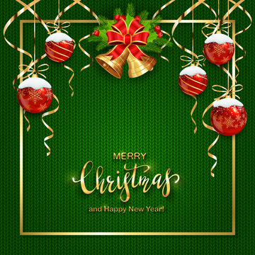 Green Knitted Background with Christmas Balls