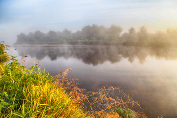 Fog over the river on a morning summer day. Beautiful scenery on the background of water with grass.